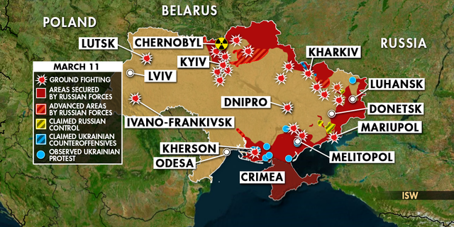 Peta menunjukkan invasi Rusia ke Ukraina pada 11 Maret 2022. 