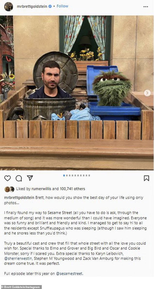 Goldstein turun ke Instagram pada bulan Februari dengan foto dirinya di tempat sampah bersama Oscar the Grouch, yang sedang beristirahat di tempat sampah daur ulang.