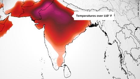 Peta prakiraan menunjukkan bahwa sebagian besar India akan mengalami suhu tinggi pada hari Jumat: lebih dari 32°C/90 °F (dalam nuansa oranye);  Lebih dari 38°C/100°F (berwarna merah);  atau lebih dari 43°C/110°F (merah muda).