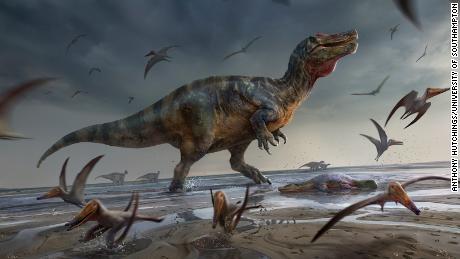 Ilustrasi ini menggambarkan Isle of Wight Spinosauride yang menakutkan saat menjadi hidup.