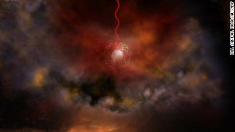 Ilustrasi artis menunjukkan bintang neutron dengan medan magnet ultra-kuat, yang disebut magnetar, yang memancarkan gelombang radio (berwarna merah). 