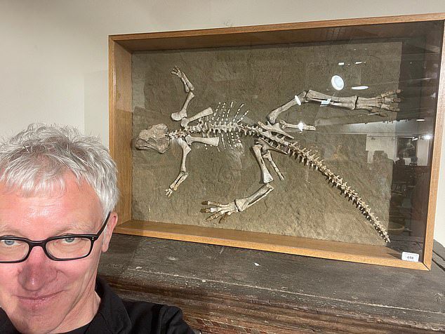 Pria 54 tahun (foto Tom Holland) pergi bersama ayahnya ke penjualan di Woolley & Wallis, Salisbury, Wales, untuk membuat presentasi tentang kerangka Psittacosarus (kadal nuri) berusia 97,5 hingga 119 juta tahun
