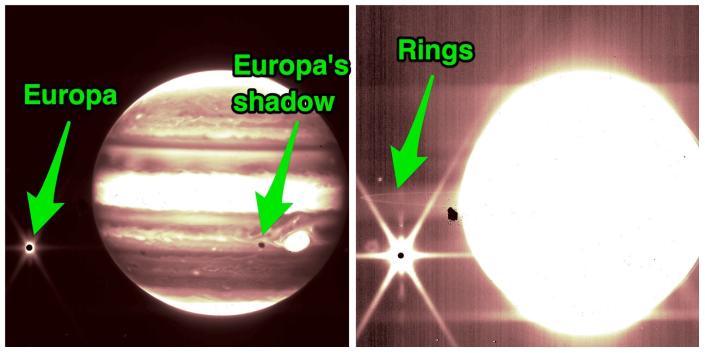 Gambar berdampingan menunjukkan Jupiter dalam dua jenis cahaya inframerah dengan bulan besar Europa dan cincin planet tipis.