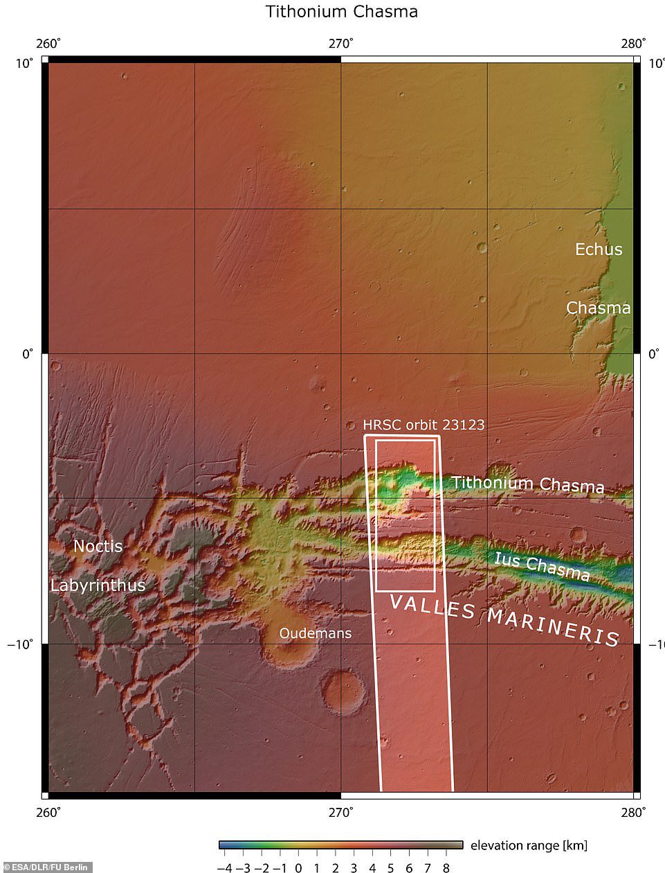 Lus dan Tithonium Chasmata terlihat di atas.  Area yang digariskan dalam kotak putih gelap menunjukkan area yang dicitrakan oleh kamera stereo Resolusi Tinggi Mars Express pada 21 April 2022 selama orbit.