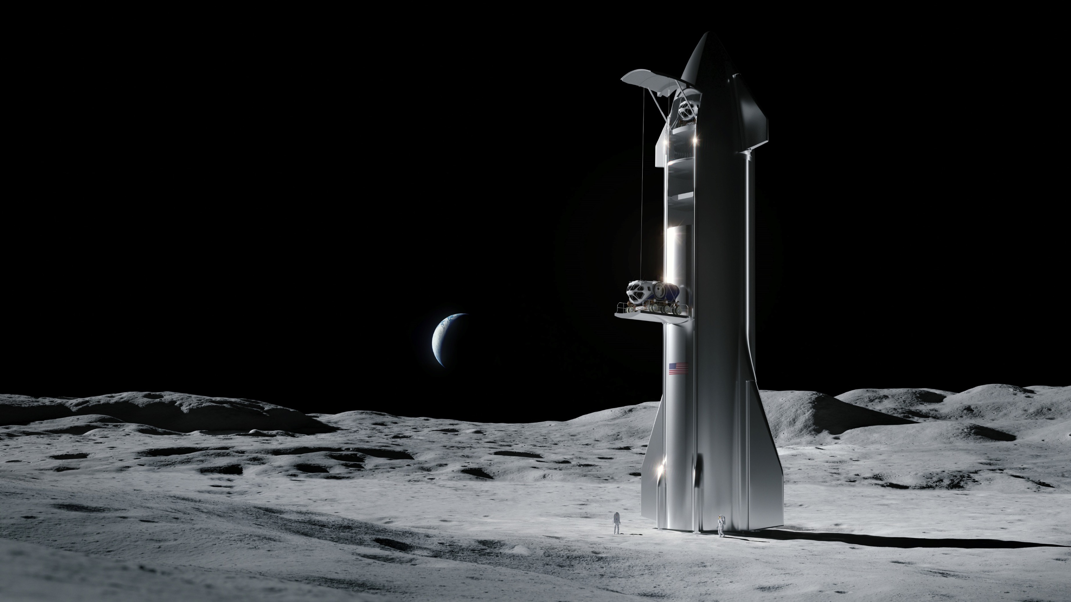 Ilustrasi artis tentang pesawat luar angkasa SpaceX di Bulan.