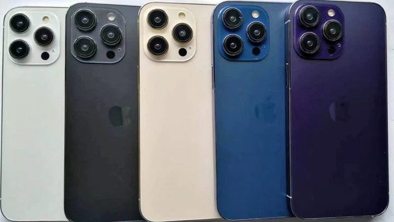 Bidikan 5 unit iPhone 14 Pro tiruan, dalam warna perak, grafit, emas, biru, dan ungu