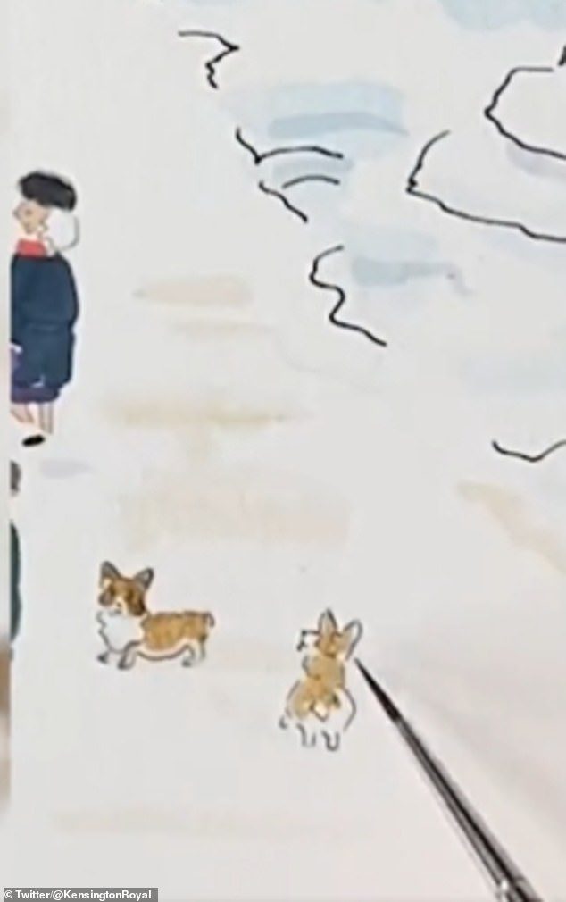 Detail indah pada ilustrasi menunjukkan sejumlah anjing corgi kerajaan, sebagai penghormatan kepada Ratu