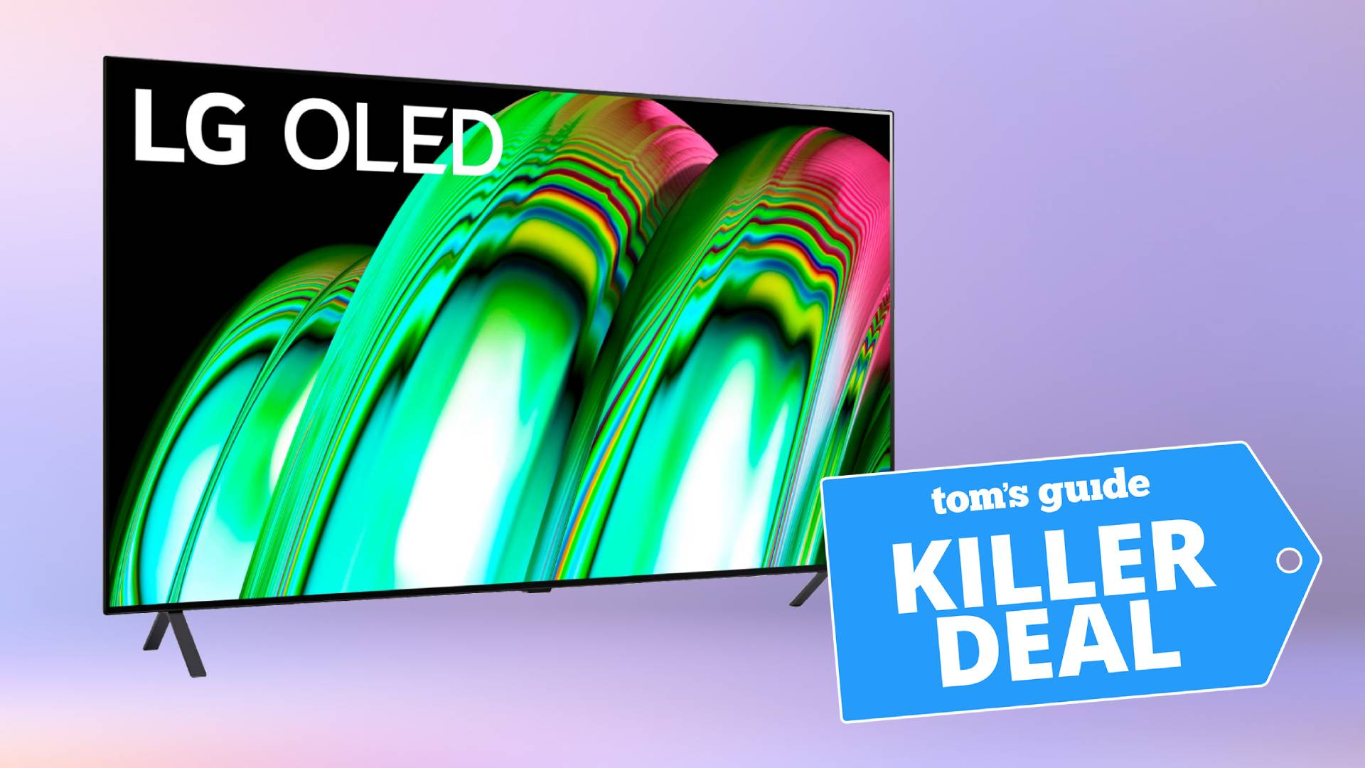 Gambar TV LG A2 OLED 4K dengan latar belakang ungu