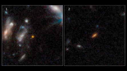 Gambar berdampingan dari galaksi-galaksi jauh, muncul sebagai kabur kemerahan elips terhadap kegelapan ruang