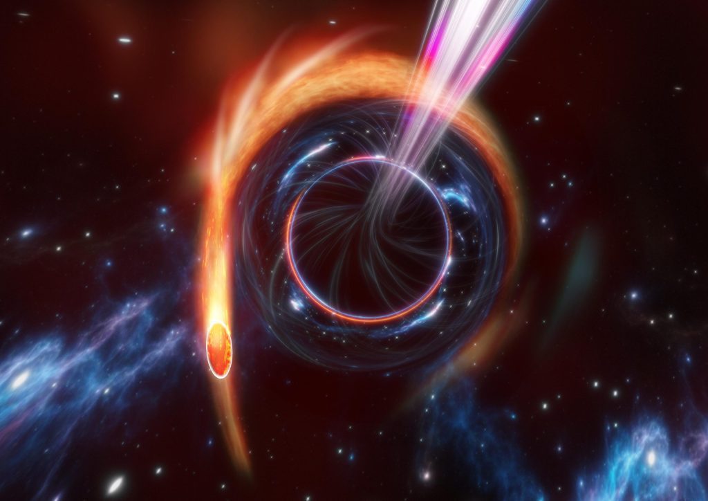 Lubang hitam supermasif dengan keras mencabik-cabik bintang dan menembakkan jet relativistik ke Bumi